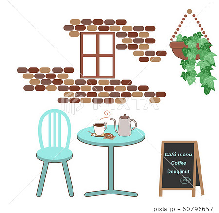 カフェ風景/コーヒーとドーナツとレンガの壁のイラスト素材 [60796657