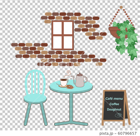 カフェ風景/コーヒーとドーナツとレンガの壁のイラスト素材 [60796657