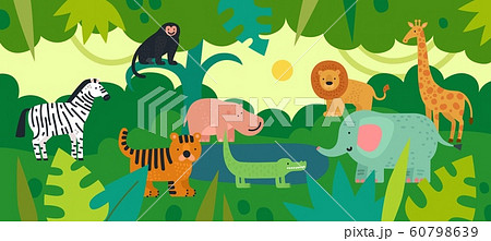 Jungle with animals. Zebra, monkey and hippo, tiger and crocodile, elephant and lion, giraffe with tropical plants. Vector kids background Jungle with animals. Zebra, monkey and hippo, tiger and crocodile, elephant and lion, giraffe with tropical plants. Vector kids background 60798639