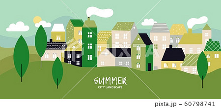 Simple landscape with buildings. Minimal cityscape and residential houses. Summer urban skyline with green trees and hill vector background 60798741