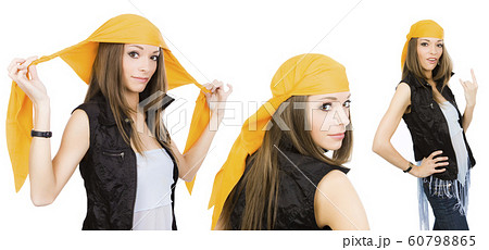 Happy girl demonstrates the options for using a neckerchief like a headdress. 3 in 1 Happy girl demonstrates the options for using a neckerchief like a headdress. 3 in 1 60798865