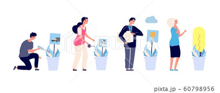 People grow dreams. Desire for success metaphor. Flat people water potted plants, dreams growth vector concept People grow dreams. Desire for success metaphor. Flat people water potted plants, dreams growth vector concept 60798956