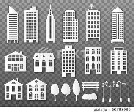 Paper buildings. Origami papercut city houses. Cardboard skyscrapers with lanterns, trees and benches, bushes. White urban vector elements with shadows Paper buildings. Origami papercut city houses. Cardboard skyscrapers with lanterns, trees and benches, bushes. White urban vector elements with shadows 60798999
