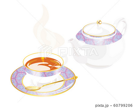 白と紫のティーポットとティーカップといれたての紅茶のセットのイラスト素材