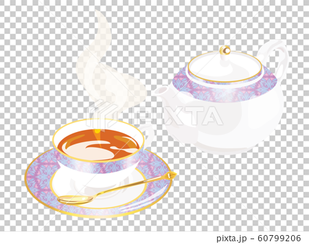 白と紫のティーポットとティーカップといれたての紅茶のセットのイラスト素材