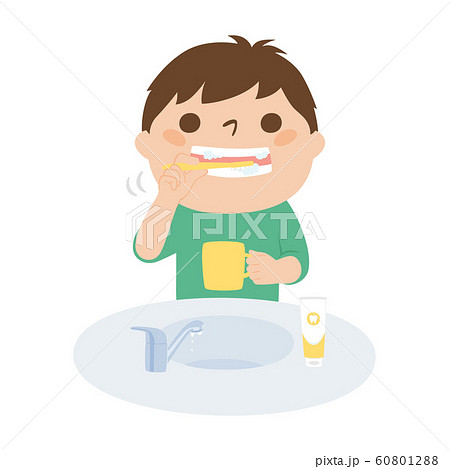 歯みがきをするイラスト 食後に歯みがきをする男の子 のイラスト素材