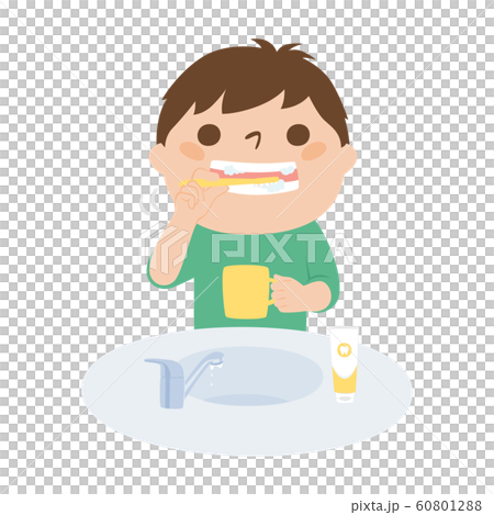 Illustration for brushing teeth. A boy brushing teeth after eating. 60801288
