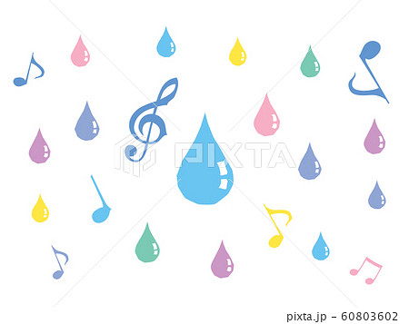 梅雨のカラフルな音符と雨の滴のイラストのイラスト素材