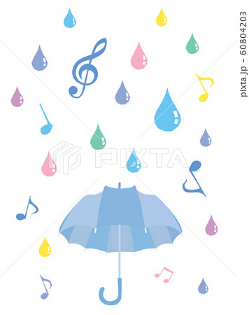梅雨の傘と音符と雨の雫のイラストのイラスト素材