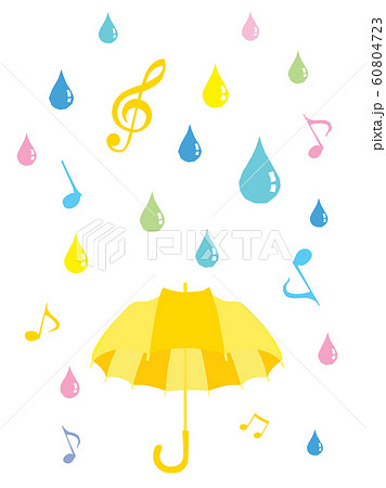 梅雨の黄色い傘と音符と雨の雫のイラストのイラスト素材