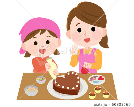 バレンタイン チョコを手作りする親子 イラストのイラスト素材