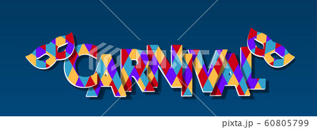 The inscription Carnival and multicolored masks with shadow on a blue background. Cut out of paper. Flyer, invitation. illustration The inscription Carnival and multicolored masks with shadow on a blue background. Cut out of paper. Flyer, invitation. illustration 60805799