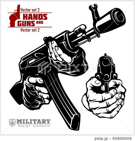 Hands with Rifle AK and Gun - rifle and pistol pointed. At Gunpoint Hands with Rifle AK and Gun - rifle and pistol pointed. At Gunpoint 60806008