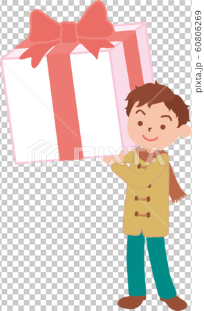 A man in winter clothes carrying a present 60806269
