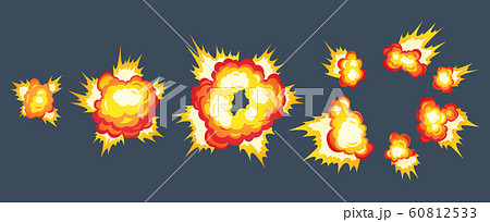 Cartoon explosion fire effect. Effect boom, explode flash, bomb comic book, vector illustration. Animation for game of the explosion effect, broken into separate frames. 60812533