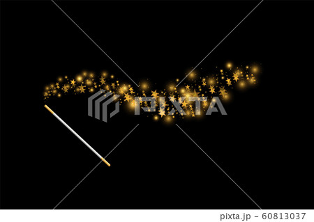 Magic wand with a stars with sparkle on black background. Trace of gold dust. Magic abstract background isolated. Miracle and magic. Vector illustration flat design Magic wand with a stars with sparkle on black background. Trace of gold dust. Magic abstract background isolated. Miracle and magic. Vector illustration flat design 60813037