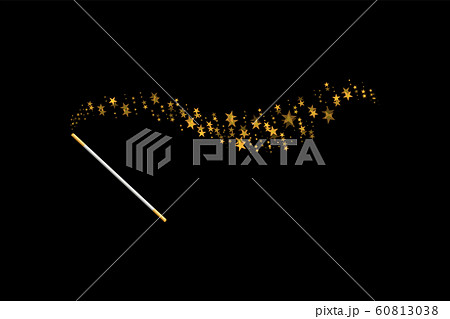 Magic wand with a stars on black background. Trace of gold dust. Magic abstract background isolated. Miracle and magic. Vector illustration flat design Magic wand with a stars on black background. Trace of gold dust. Magic abstract background isolated. Miracle and magic. Vector illustration flat design 60813038