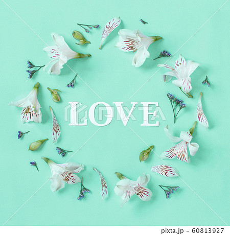 Flowers and word LOVE on a light green background Flowers and word LOVE on a light green background 60813927