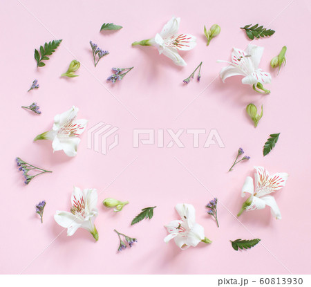 Flowers and petals on a light pink background Flowers and petals on a light pink background 60813930