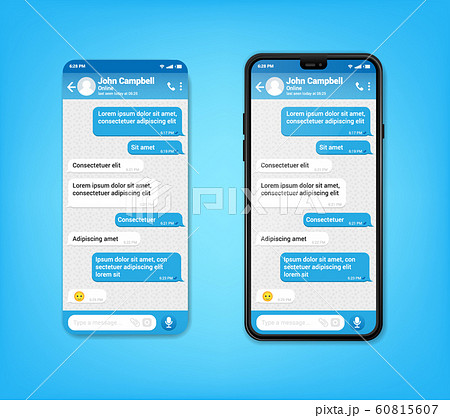 UI UX Phone chat blue interface. Text message mobile phone. Text messaging bubles in mobile application on a smartphone, vector 60815607