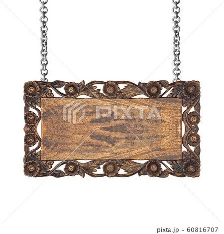 Wooden sign hanging on a chain isolated on white 60816707