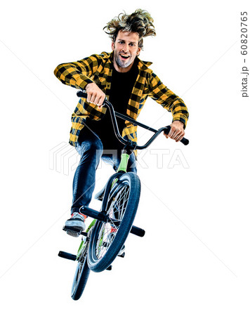 BMX rider cyclist cycling freestyle acrobatic stunt isolated white background 60820765
