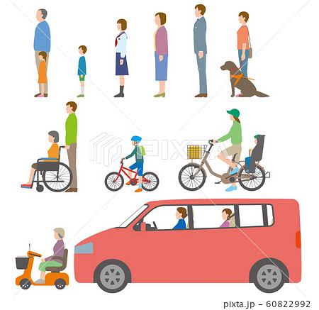 人、自転車、自動車を側面から見たイラスト 60822992