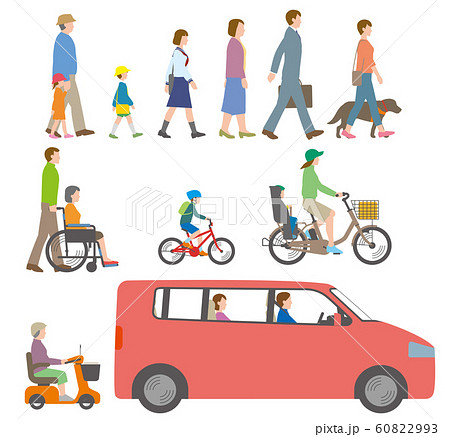 人、自転車、自動車を側面から見たイラスト 60822993