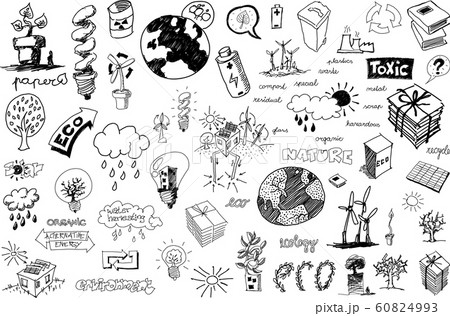 many hand drawn sketches of topics regarding nature nd environment and ecology and recycling and pollution 60824993