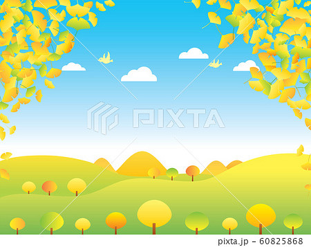 秋のイチョウで黄色く色づいた山や丘の風景のイラストのイラスト素材