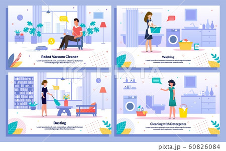 Housekeeping Activities Flat Vector Banners Set Housekeeping Activities Flat Vector Banners Set 60826084