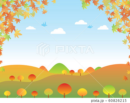秋の紅葉で赤く色づいた山や丘の風景のイラストのイラスト素材
