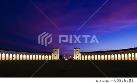 Night view of the majestic and imposing columned facade (Barchessa or barn wing) of Villa Manin, the biggest venetian villa of Italy and residence of the last Doge of Venice. 60826583