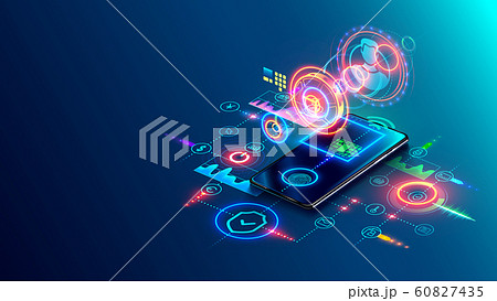 User two-factor authentication technology via mobile phone. Identification human in mobile bank for internet payments or access confidential information. Fintech isometric concept. Digital safety. 60827435