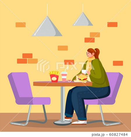 Woman Eating Burger in Fastfood Restaurant Vector 60827484