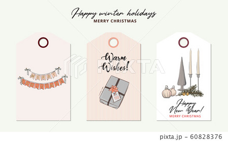 Merry Christmas tender rose gold hand-drawn geometric garland , baubles with bow, gift sketch in Merry Christmas tender rose gold hand-drawn geometric garland , baubles with bow, gift sketch in 60828376