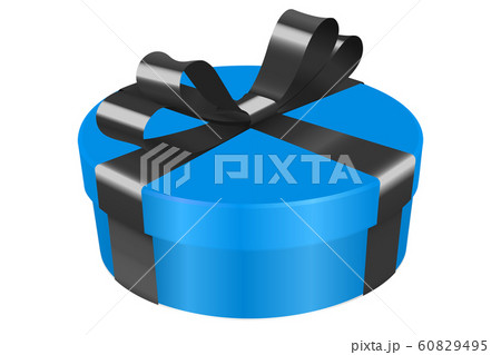 Blue gift box decorated with black ribbon. Round box 60829495