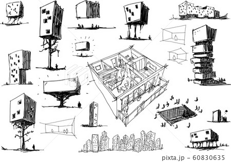 many hand drawn architectectural sketches of a modern abstract architecture nad geometric objects and urban ideas and interior 60830635