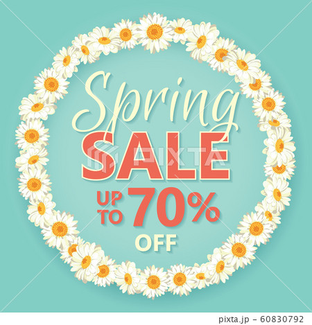 Spring sale banner with daisy chain and text on vintage blue background. Spring sale banner with daisy chain and text on vintage blue background. 60830792