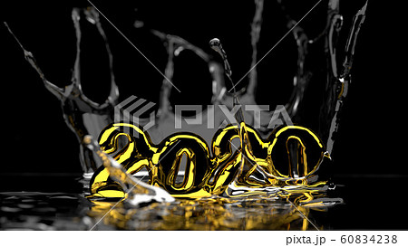 Happy New Year 2020 lettering made by gold and water splash around it. Isolated on black background. 3d illustration. Selective focus macro shot with shallow DOF Happy New Year 2020 lettering made by gold and water splash around it. Isolated on black background. 3d illustration. Selective focus macro shot with shallow DOF 60834238