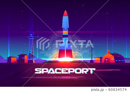 Rocketship launching from spaceport cartoon 60834574