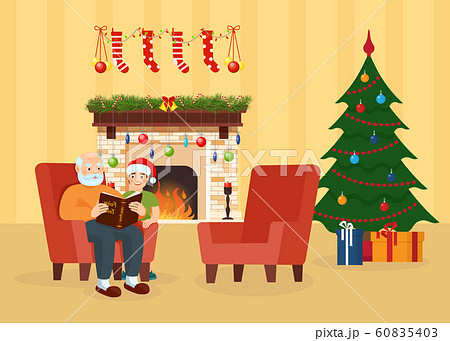 Grandfather, grandson in room decorated for Christmas and New Year vector illustration. Grandfather, grandson in room decorated for Christmas and New Year vector illustration. 60835403