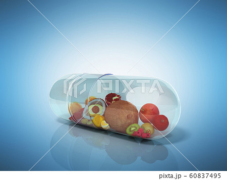 Different fruit in capsule healthy diet concept 3d 60837495