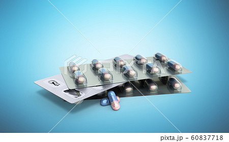 Pills Package Blister 3D illustration on blue Pills Package Blister 3D illustration on blue 60837718