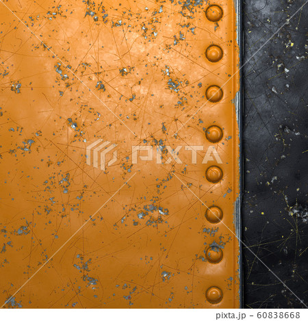 Rusty metal strip with rivets on the left against on black metal background 3d Rusty metal strip with rivets on the left against on black metal background 3d 60838668
