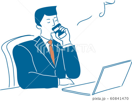 オフィスデスクのパソコンの前でコーヒーを飲み休憩中の会社員男性の上半身イラスト のイラスト素材