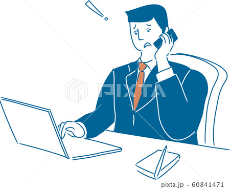 オフィスデスクでパソコンの画面を見ながらスマホ電話で会話中 困惑する会社員男性の上半身イラスト のイラスト素材