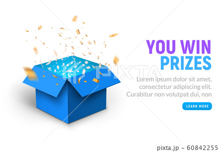 Vector prize gift box confetti explosion background. Open box winner reward 60842255
