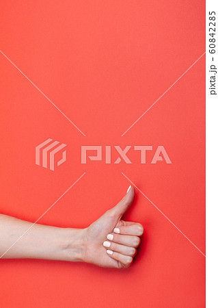 close-up female hand shows thumb up on red background 60842285