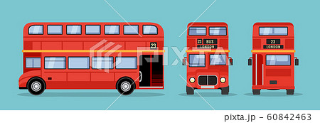 London double decker red bus cartoon illustration, English UK british tour front side isolated flat 60842463